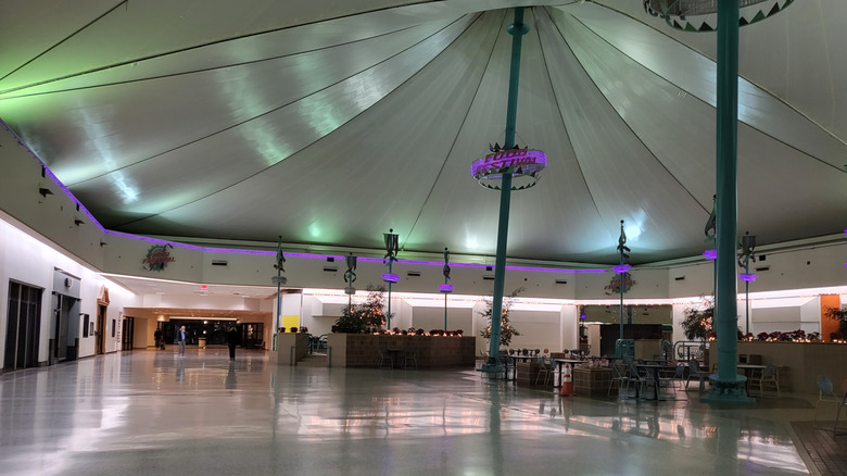The dimly lit food court at the Washington Square Mall in Evansville, Indiana
