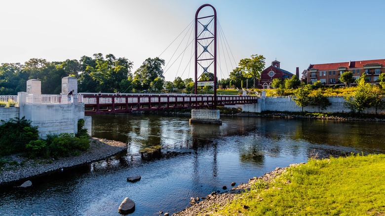 The Mishawaka Riverwalk over the St. Joseph River on a sunny day