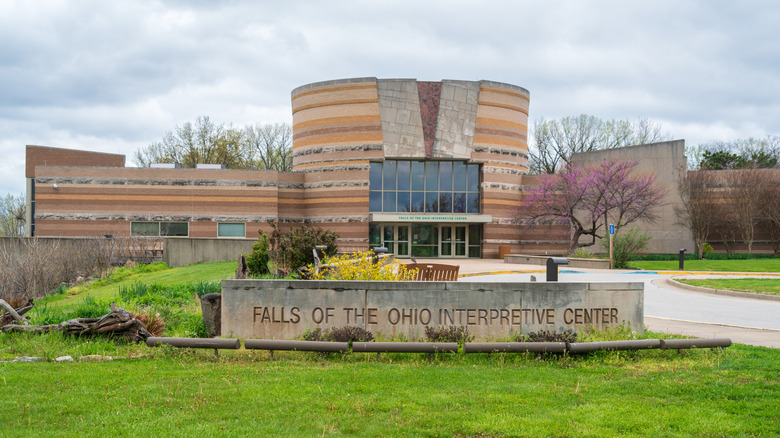 The modern, stone interpretive center at Falls of the Ohio State Park, in Indiana.