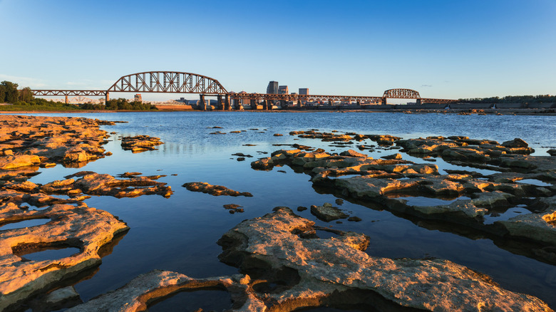 Fossil beds with a bridge in the background at Falls of the Ohio State Park, Indiana.