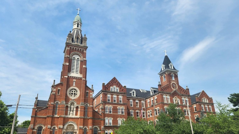 Two red brick church spires for the Holy Family Oldenburg against a blue sky