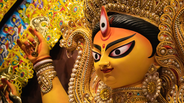 Close up of a statue made for Kolkata's Durga Puja festival