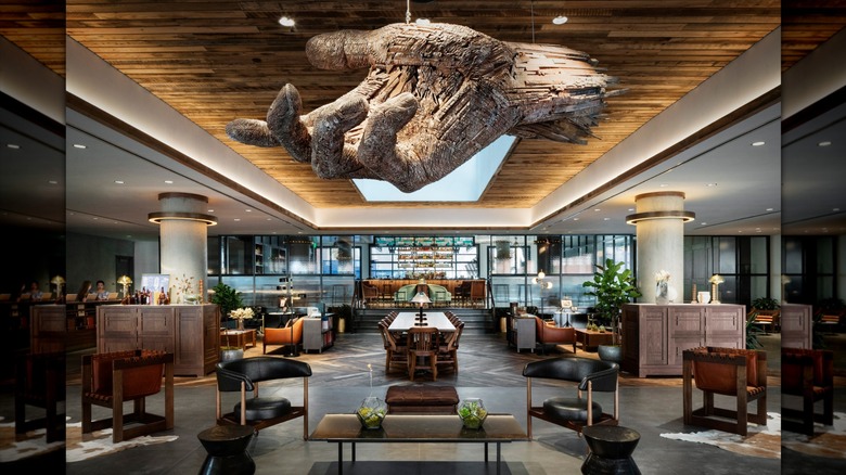 Hand sculpture at the entrance to The Maven in Denver's Dairy Block