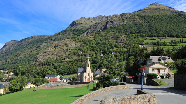 Village houses of Gèdre nestled in the French Pyrenees Mountains