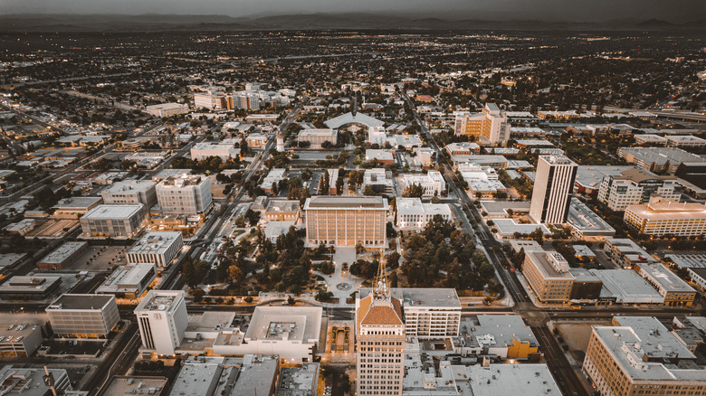 The city of Fresno, California, on a dark and cloudy day