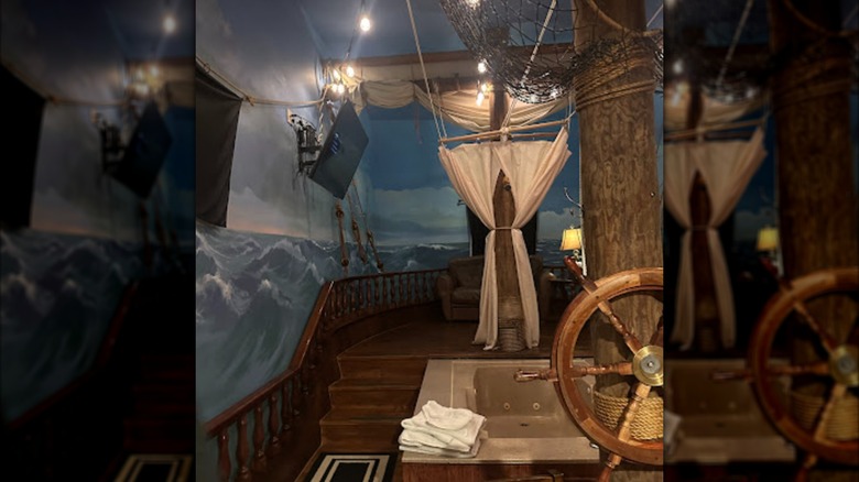 The pirate ship themed bathroom in Treasure Island Suite at Anniversary Inn