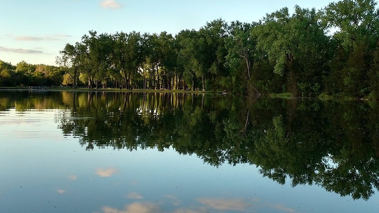 Calm surface of Spring Lake with trees in the background at Koser Spring Lake Park