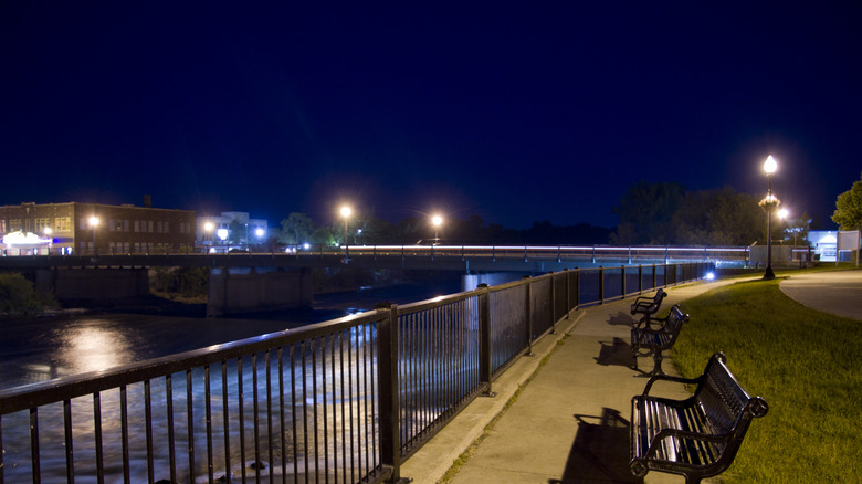Waverly, Iowa at night from beside Cedar River
