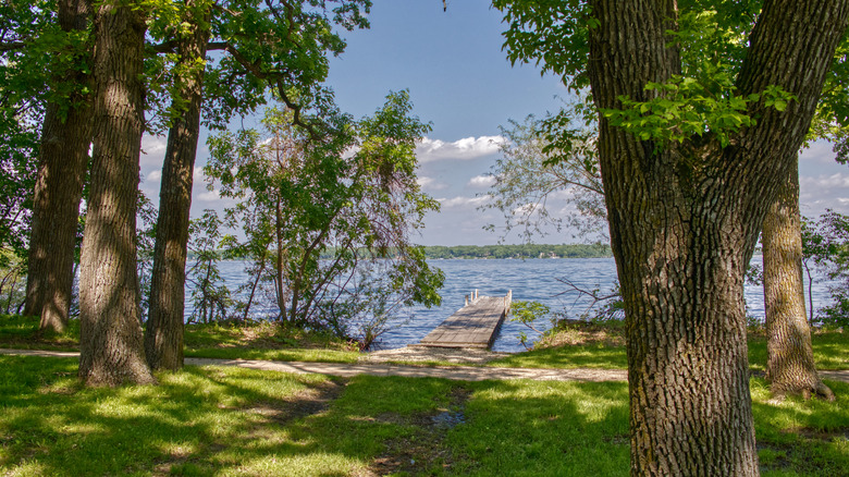 A dock jutting out on the water between the trees at Gull Point State Park, IA