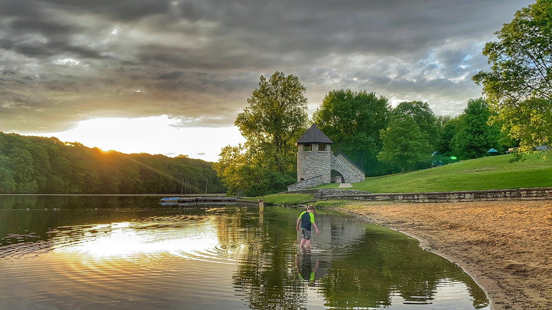 Backbone State Park Beach Lodge at sunset.