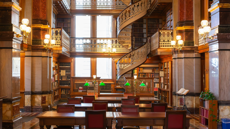 Spiral stairs and and desks in the State Law Library at the Iowa State Capitol