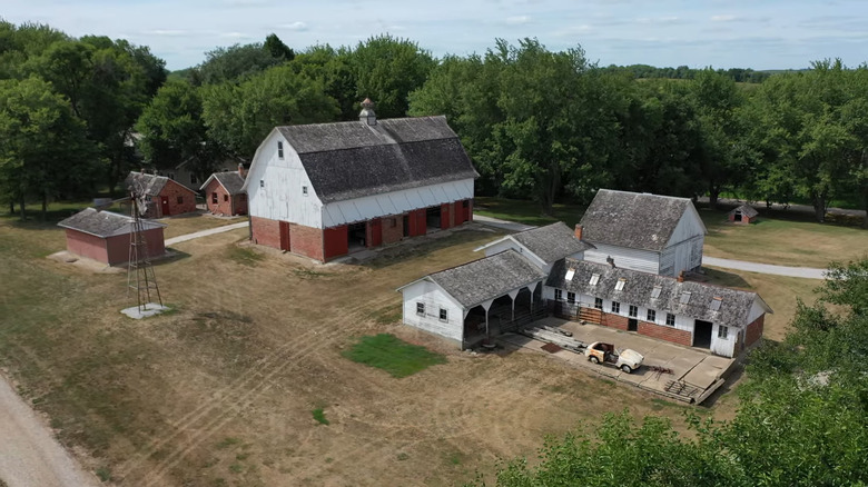 Aerial view of farmstead buildings in Manning, Iowa