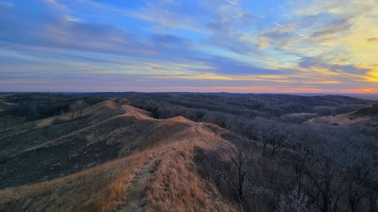 Overlooking rolling hills at sunset in Preparation Canyon State Park, Iowa.