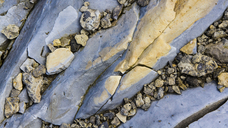 Blue and Yellow Stones and Rocks with Cracks: Rocks at a Devonian fossil gorge show a variety of textures and colors. Taken in Solon, Iowa, USA.