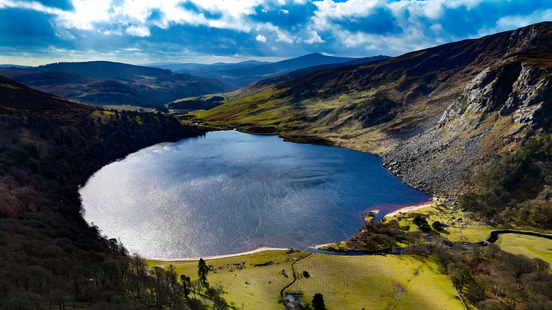 Lough Tay, also known as Guinness Lake, on a cloudy day, Wicklow Mountains, Ireland