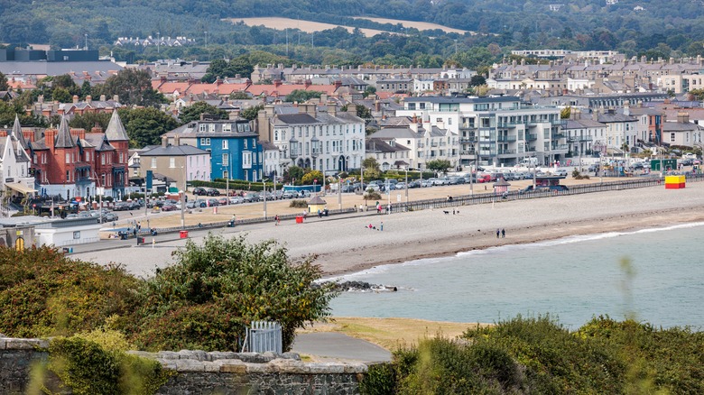 View of Victorian buildings lining the beach in the seaside town of Bray, Ireland