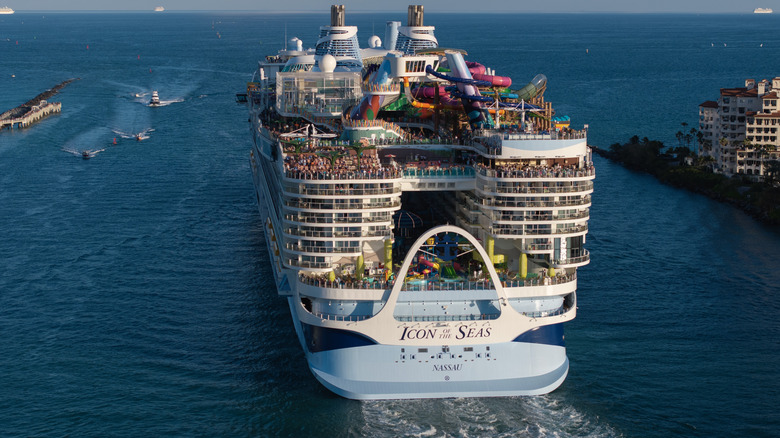A Royal Caribbean ship leaving Port Miami