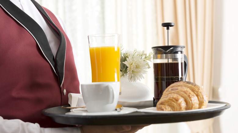 Tray with hotel room service breakfast