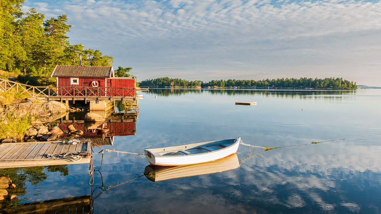 A fishing boat bobs on the Stockholm Archipelago