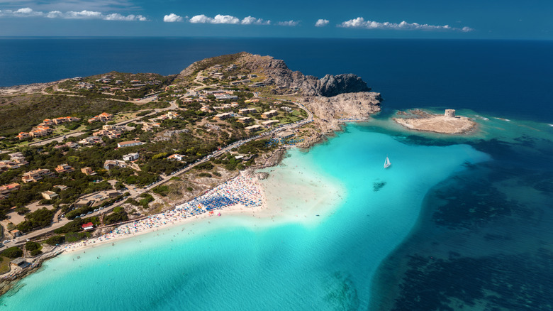 People and umbrellas at sandy La Pelosa beach with turquoise water