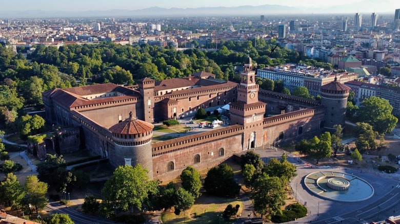 Aerial of Sforza Castle in Milan, Italy