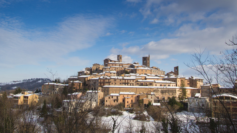 The hilltop village of Sarnano in the snow