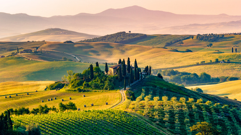 Tuscan valley with villa and trees