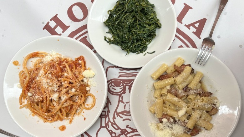 Pasta amatriciana and gricia featuring guanciale in Trastevere, Rome