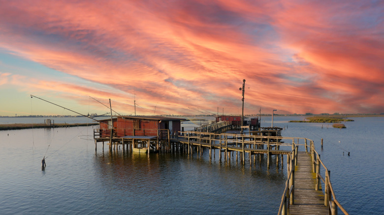 Sunset at the fishing pier in Comacchio