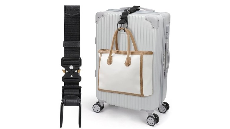 Close-up image of the Exshoiu J-hook with luggage strap in black, shown alone and on a model suitcase