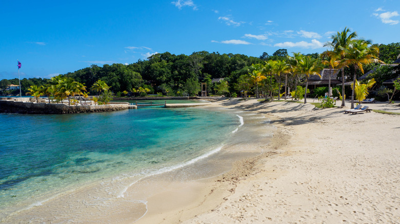 Brown sand and blue water at Treasure Beach, Jamaica
