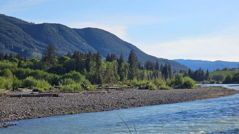 Jameson Lake in Washington State with a river bank, forest, and mountains in the background