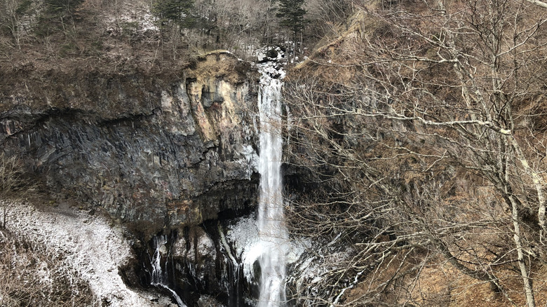 Nikko National Park's Kegon Falls in the winter, with partially frozen water