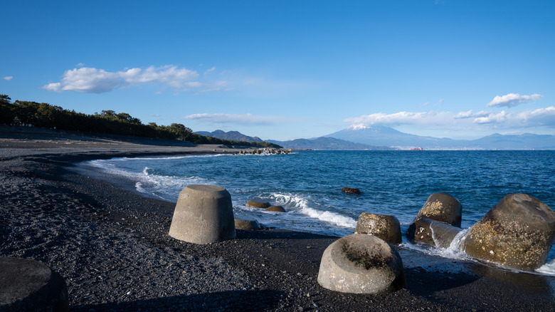 Black sand beaches and blue waters in an Izu Peninsula island
