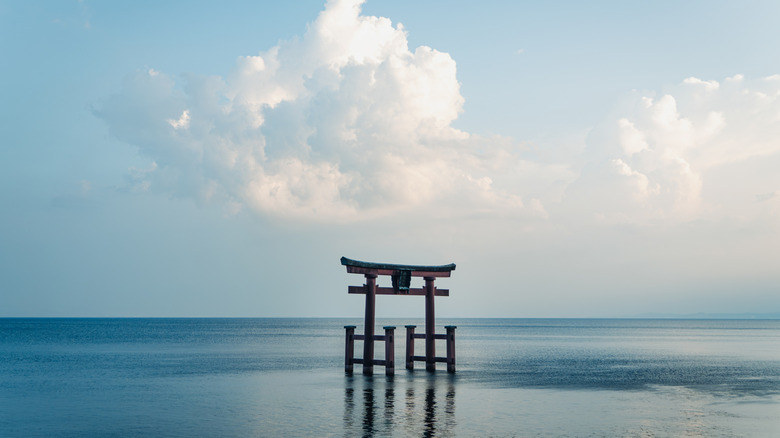 Torii gate, part of the Shirahige Shrine, in Lake Biwa, Japan
