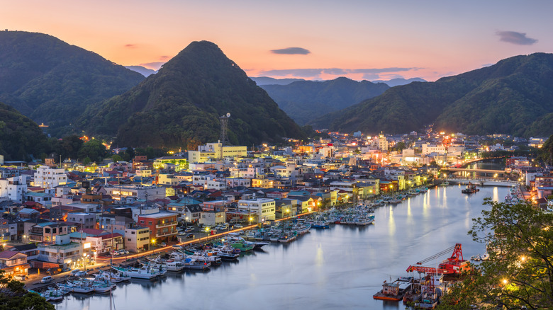 Harbor town of Shimoda, Japan along the water and backed by hills at sunset