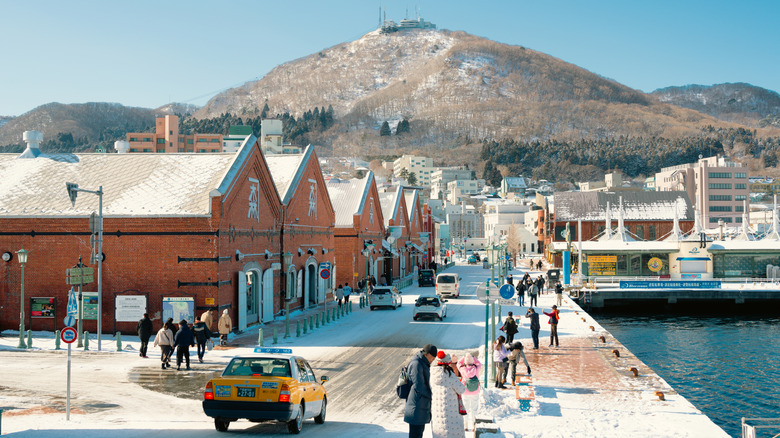 Red brick warehouses with Mount Hakodate in the background