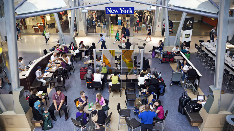 aerial view of airport restaurant at JFK with tables and customers