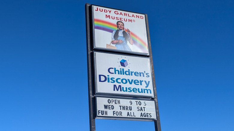 A sign at the entrance of the Judy Garland Museum in Grand Rapids, MN