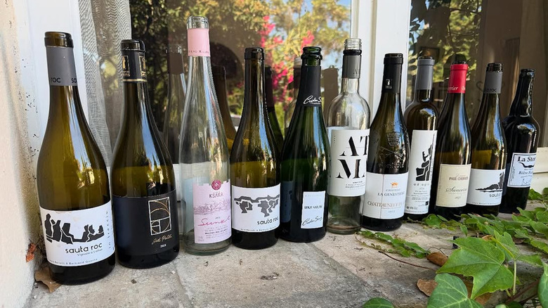 A row of empty wine bottles on a window sill at La Pitchoune, France