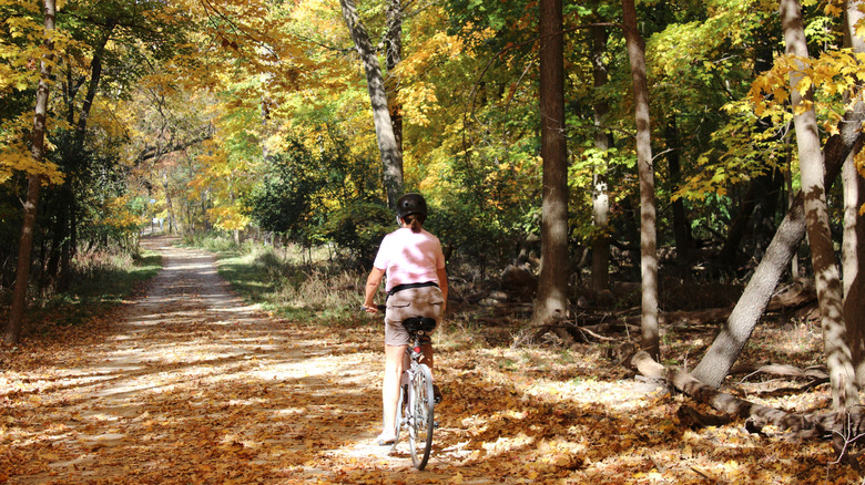 Woman riding a bicycle in autumn along the Des Plaines River Trail and Greenway in Illinois.