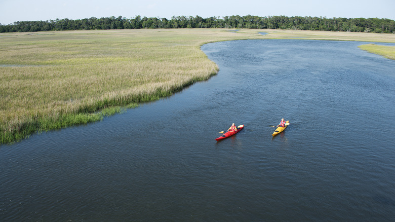 two people kayaking in the North Carolina coastal marshes