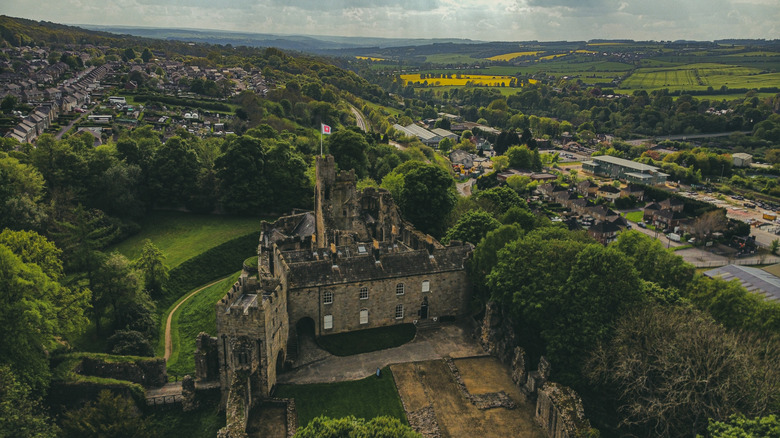 The 11th century Prudhoe Castle photographed from above showing its proximity to the town of Prudhoe, UK.