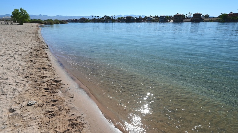 Big Bend at the Colorado beach area with water and picnic shelters in the background