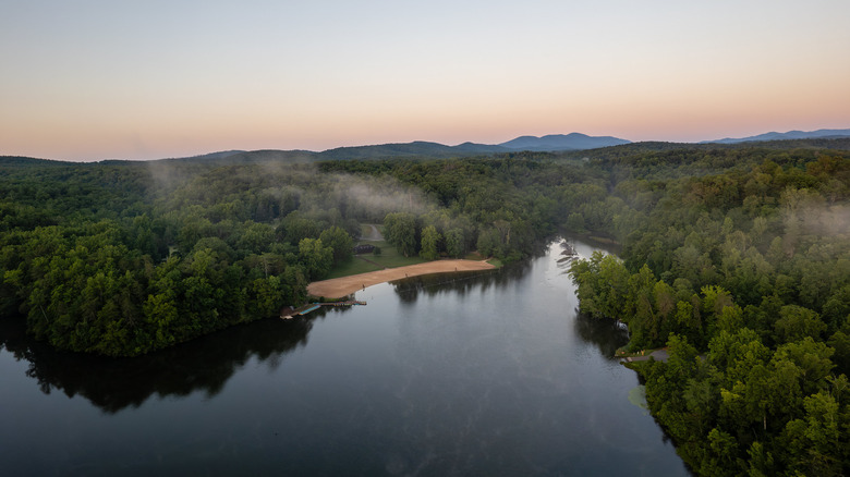 Aerial view of Fairy Stone State Park's swimming beach and lake