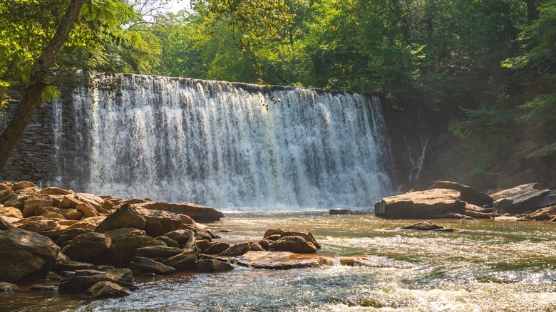 Vickery Creek Waterfall spills into Vickery Creek over an old spillway dam