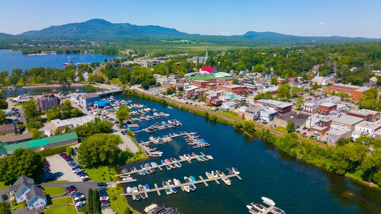 Ariel view of Magog, lake, and river