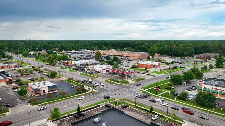 Aerial view of stores in central Lambertville, Michigan