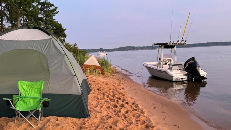 View of a camping set up at Hart-Miller Island State Park