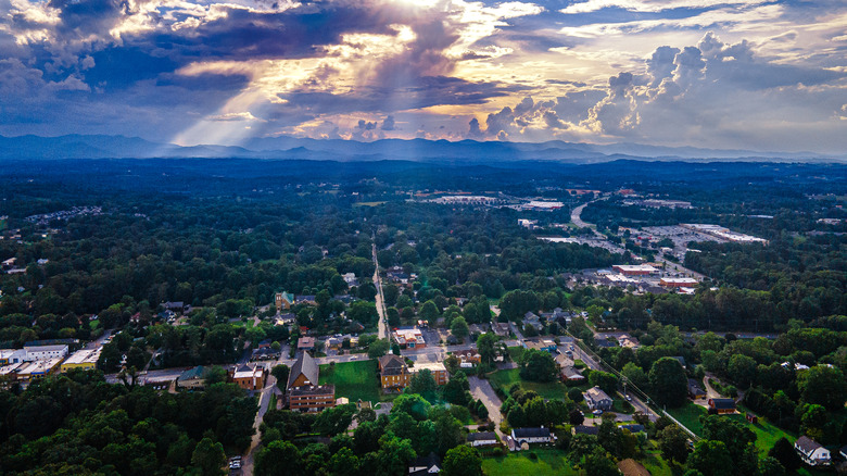 An aerial view of Weaverville, North Carolina, at sunset